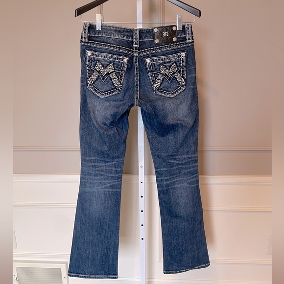 Miss Me 28 Bootcut Embellished Bling Denim Jeans dark wash white stitching - Picture 5 of 6